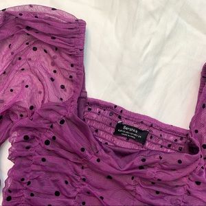 Bershka Women size XS Polka Dots Ruched Puff Sleeves Purple Crop Top